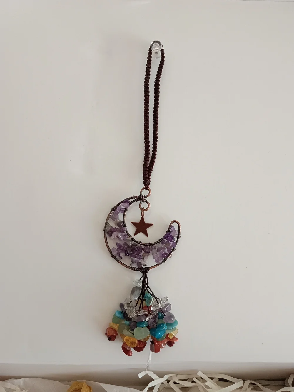 Bohemian Amethyst Moon Charm Hanger Necklace with Multicolor Gem Tassel Chakra